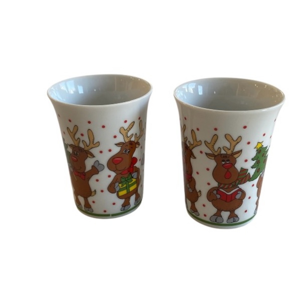 Vintage Japan Reindeer Ceramic Set of 2 Tumbler Cups Christmas